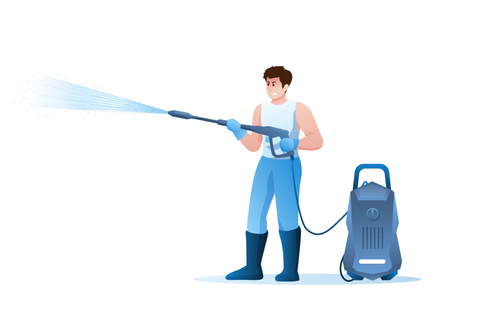 Man power washing with a pressure washer, demonstrating a cleaning technique. The image relates to cleaning and could be used to illustrate the benefits of soft washing.