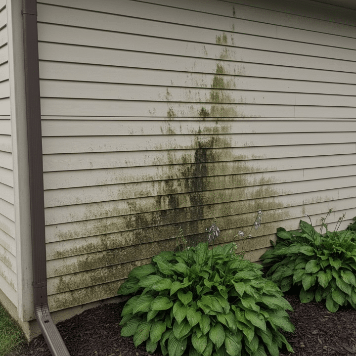 Beige vinyl siding stained with dark green algae/mold streaks above foundation, brown downspout at left, two hosta plants with blue flowers in front.