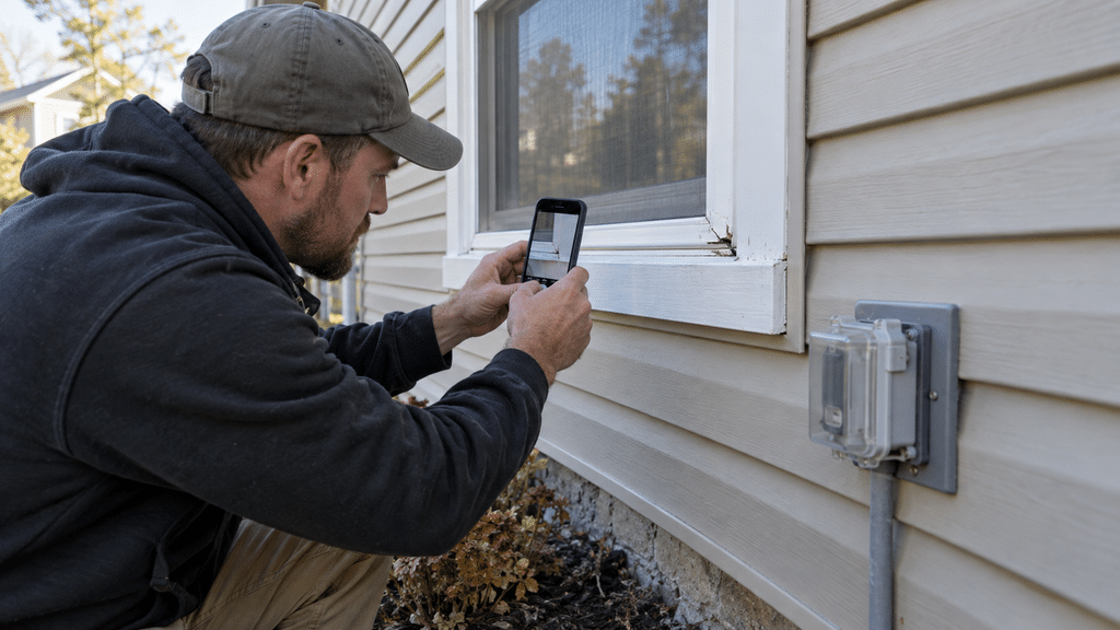 Person kneeling outside a house taking a close-up photo of rotted white window trim and beige vinyl siding with a smartphone.