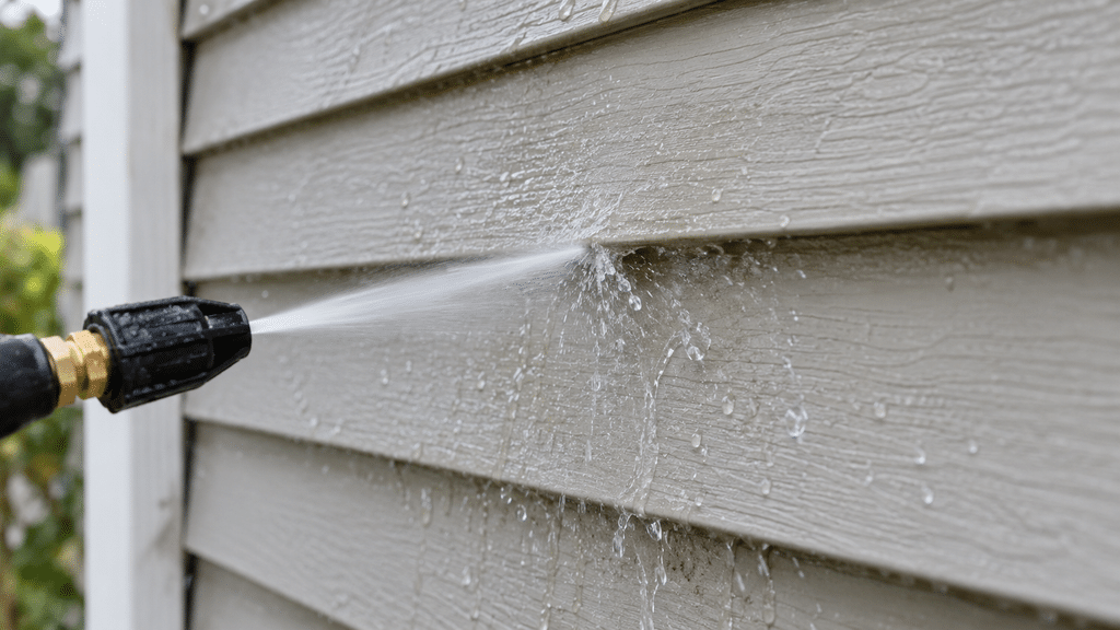 Black pressure-washer nozzle with brass fitting spraying a strong jet of water at beige horizontal house siding, droplets splashing.