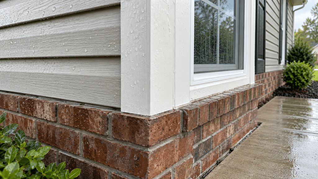 Close-up of a rainy house corner showing wet beige siding, white window trim on a red brick foundation, wet concrete walkway and shrub.
